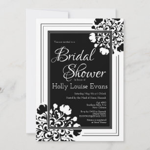 Invitation Elégante Fête des mariées florale noire et blanche