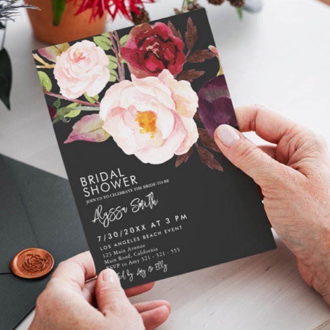 Invitation Elégante Fête des mariées Florale Noire moderne (Créateur téléchargé)