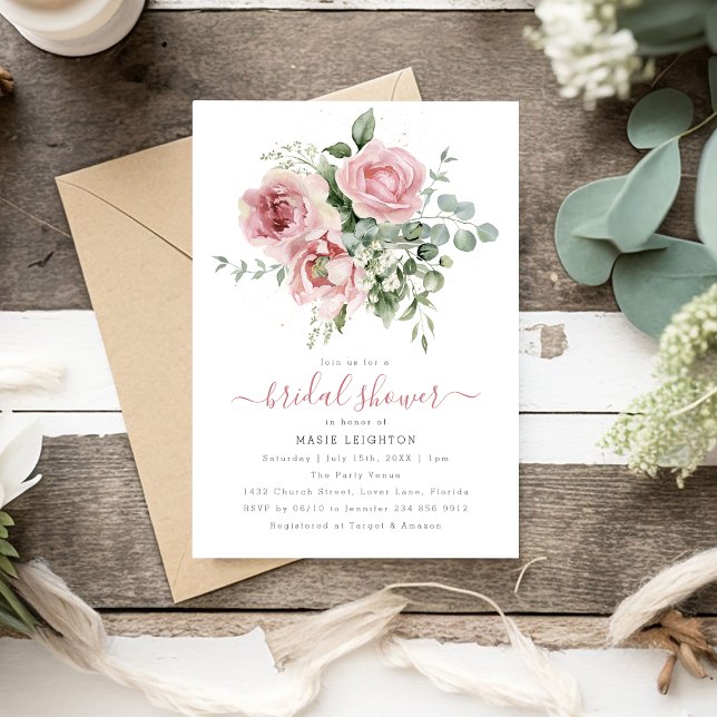 Invitation Élégante Fête des mariées florale rose (Créateur téléchargé)