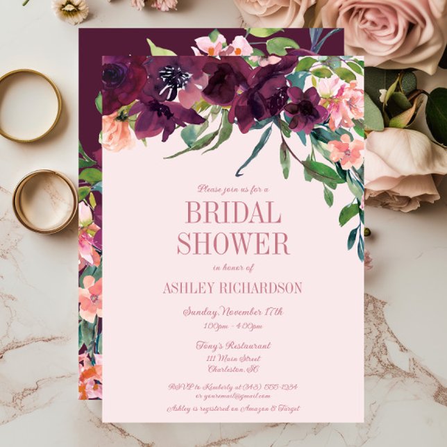 Invitation Élégante Fête des mariées florale rose-bleu bordea (Burgundy Blush Floral Fall Bridal Shower Invitation)