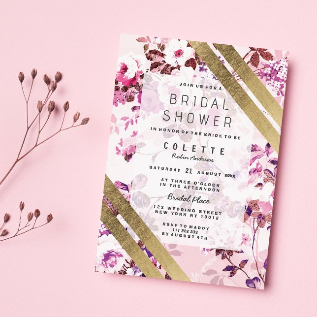 Invitation Elégante Fête des mariées florale rose or (Elegant Gold Pink Floral Striped Bridal Shower)