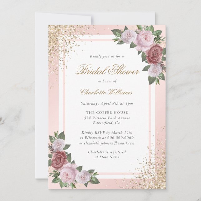 Invitation Elégante Fête des mariées florale rose rose or (Devant)