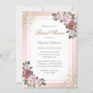 Invitation Elégante Fête des mariées florale rose rose or
