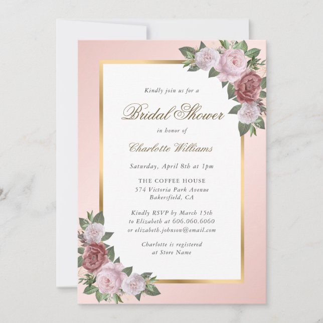 Invitation Elégante Fête des mariées florale rose rose or (Devant)
