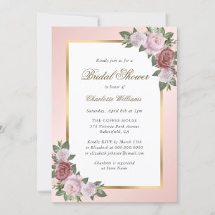 Invitation Elégante Fête des mariées florale rose rose or