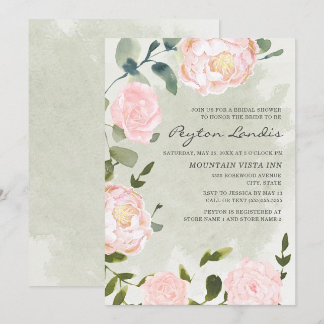 Invitation Élégante Fête des mariées florale rose rose printa (Devant / Derrière)