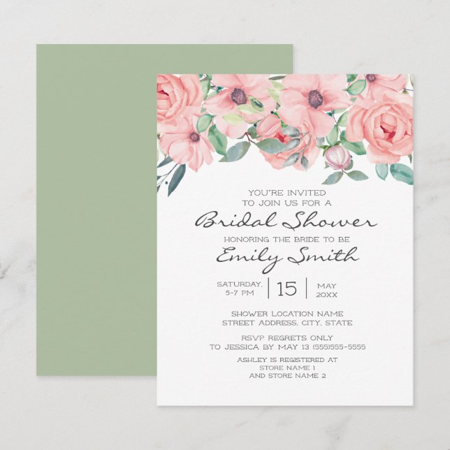 Invitation Élégante Fête des mariées florale verte rose rose  (Devant / Derrière)