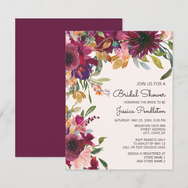 Invitation Élégante Fête des mariées florale violet rose or (Devant / Derrière)