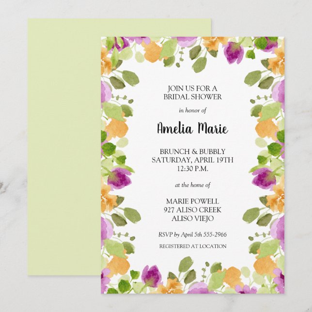 Invitation Élégante Fête des mariées florale violette (Devant / Derrière)