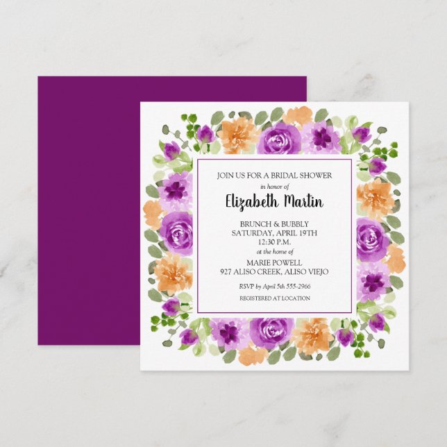 Invitation Élégante Fête des mariées florale violette (Devant / Derrière)