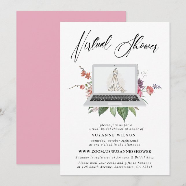 Invitation Élégante Fête des mariées Florale Virtuelle (Devant / Derrière)