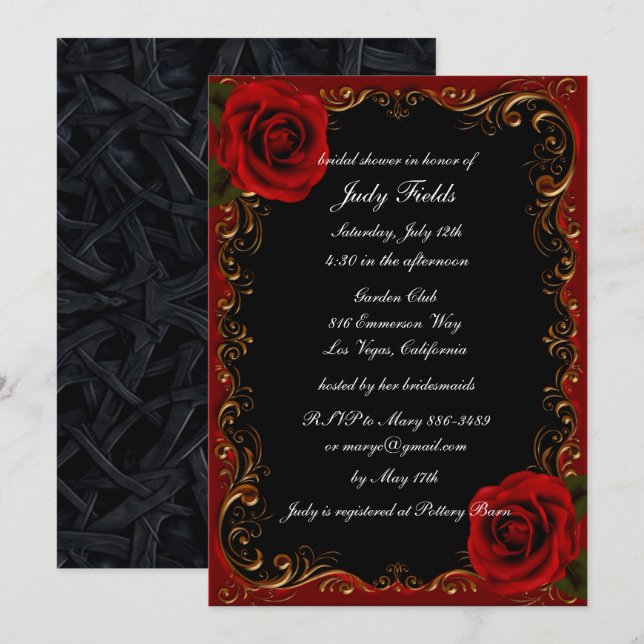 Invitation Élégante Fête des mariées Goth Red Roses (Devant / Derrière)