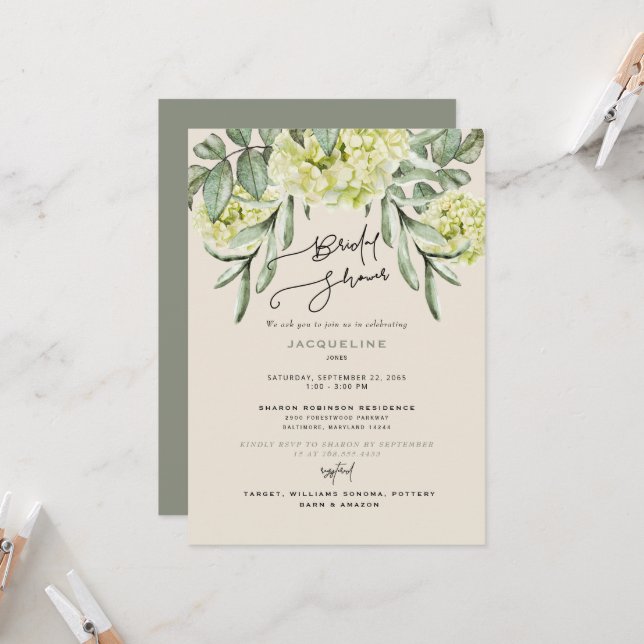 Invitation Elégante Fête des mariées Hydrangea Beige & Sage (Devant/Arrière en situation)