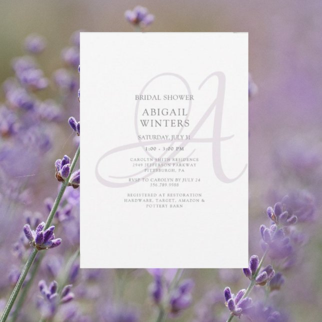 Invitation Élégante Fête des mariées initiale de la lavande (Créateur téléchargé)