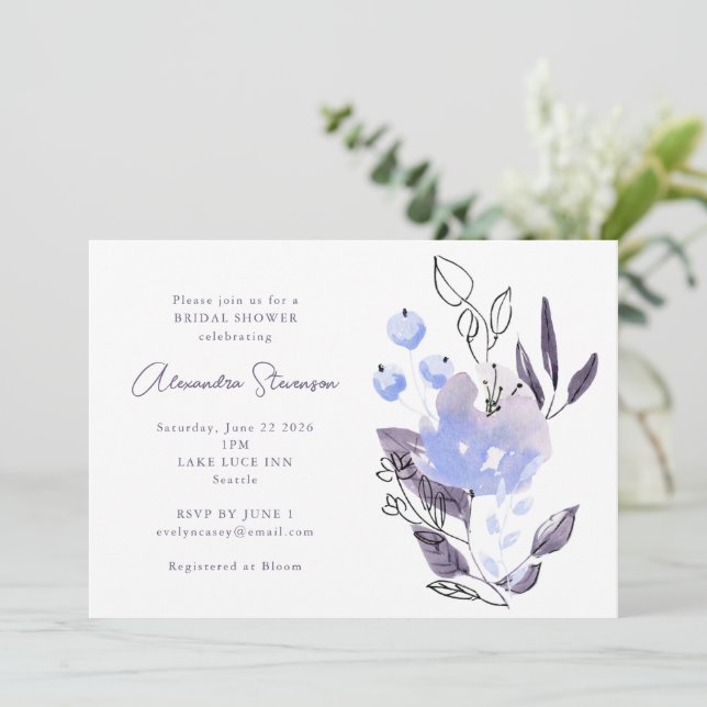 Invitation Elégante Fête des mariées Lilac Bleu Aquarelle Flo (Debout devant)