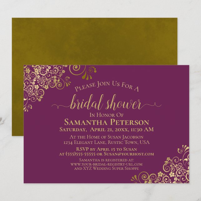 Invitation Elégante Fête des mariées Magenta & Gold Lace Fril (Devant / Derrière)