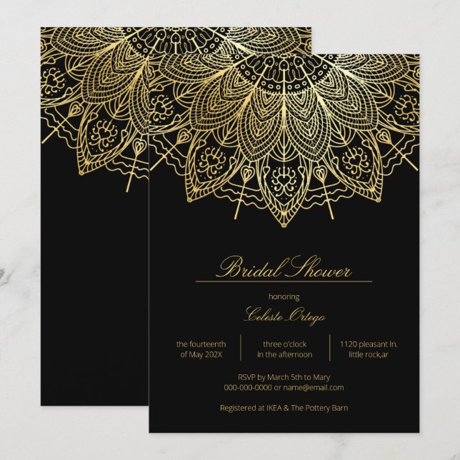 Invitation Elégante Fête des mariées Mandala Black & Gold (Devant / Derrière)