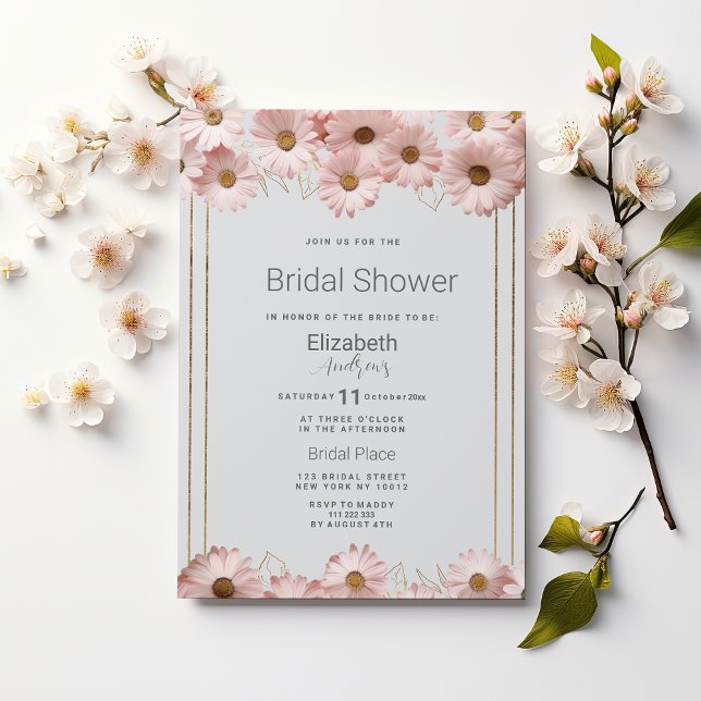 Invitation Elégante Fête des mariées marguerite pastel gris r (Elegant pastel gray pink gold daisy Bridal Shower)