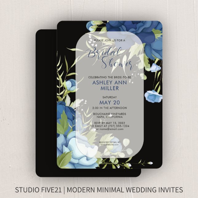 Invitation Elégante Fête des mariées Mariage Florale Bleue (Créateur téléchargé)