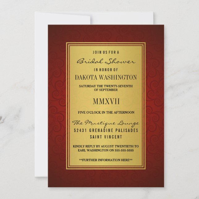 Invitation Elégante Fête des mariées Maroon & Robe Or Faux (Devant)