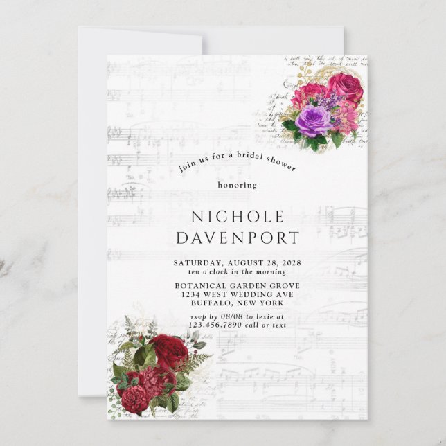 Invitation Élégante Fête des mariées musicale florale (Devant)