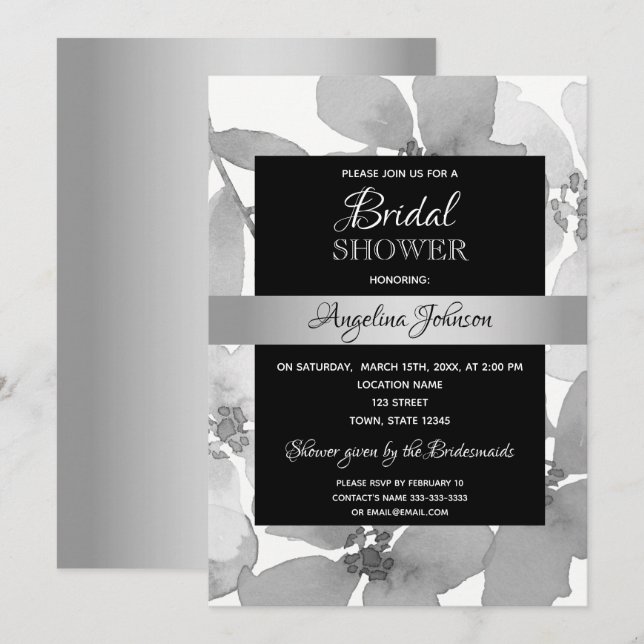 Invitation Elégante Fête des mariées noire et blanche (Devant / Derrière)