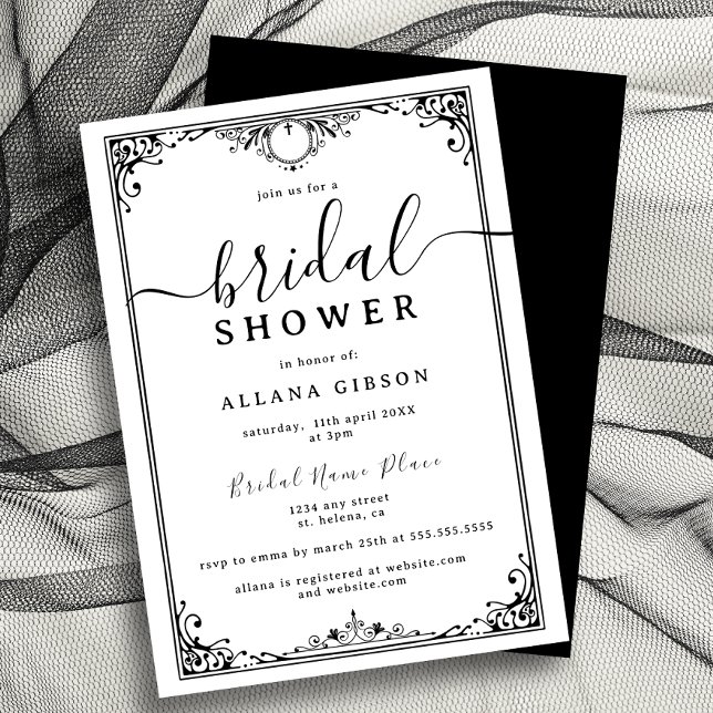 Invitation Elégante Fête des mariées noire et blanche (legant black-and-white bridal shower invitation with intricate border design.)