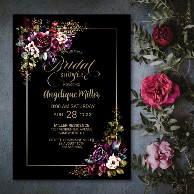 Invitation Élégante Fête des mariées noire florale violette b (Créateur téléchargé)