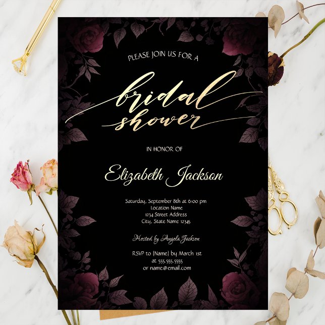 Invitation Elégante Fête des mariées noire Rose bordeaux fonc (Créateur téléchargé)