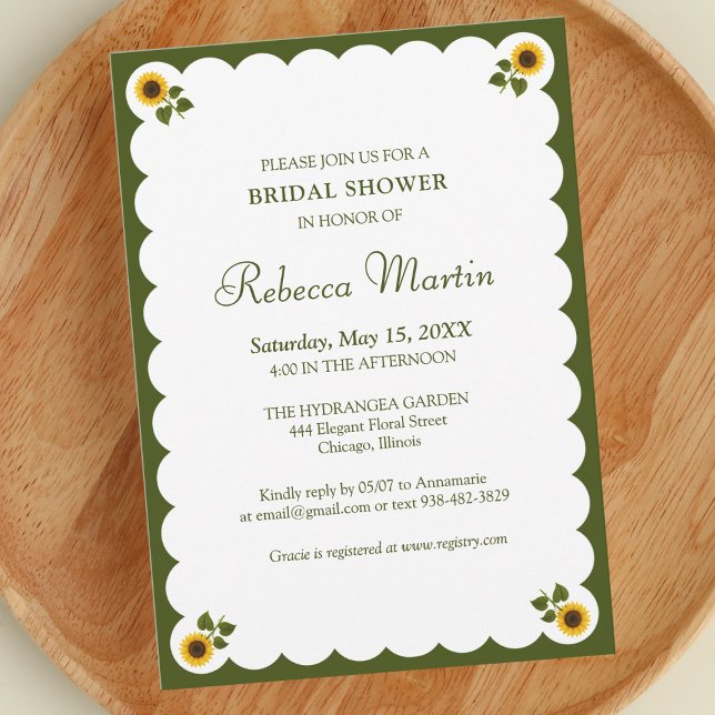 Invitation Elégante Fête des mariées Olive Green Tournesol Si (Créateur téléchargé)