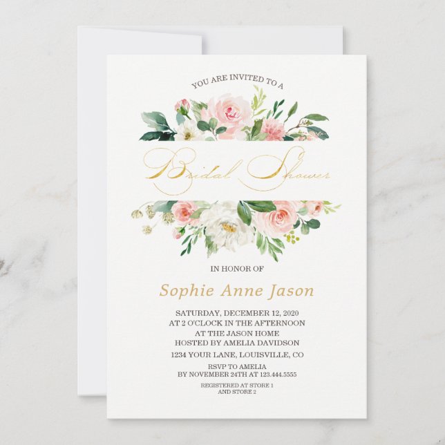 Invitation Élégante Fête des mariées or à cadre floral rose (Devant)
