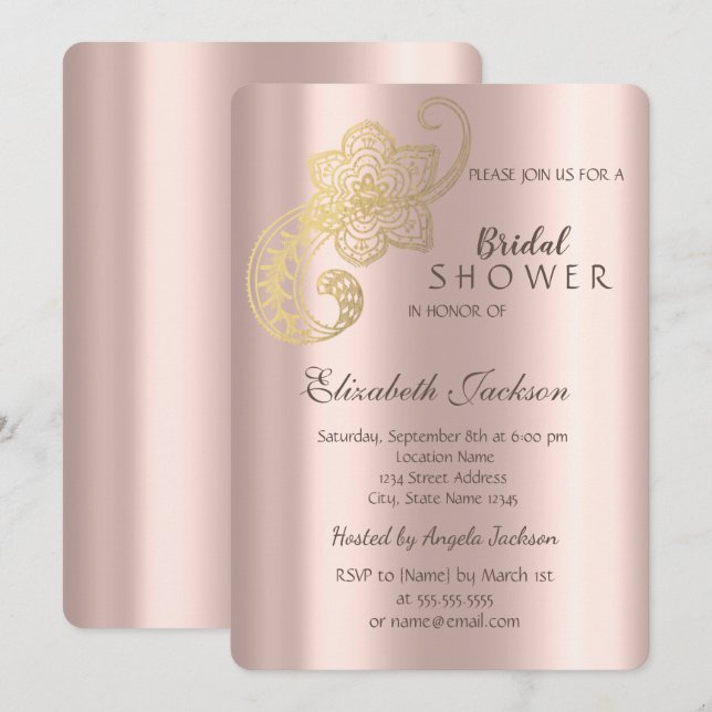 Invitation Élégante Fête des mariées or Rose Chic Gold Paisle (Devant / Derrière)