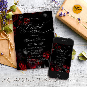 Invitation Élégante Fête des mariées romantique noire rouge f