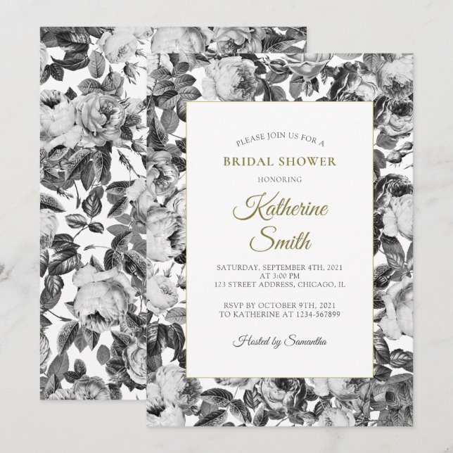Invitation Elégante Fête des mariées Rose blanche noire (Devant / Derrière)