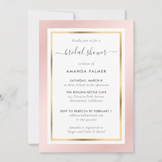 Invitation Élégante Fête des mariées rose et or (Devant)