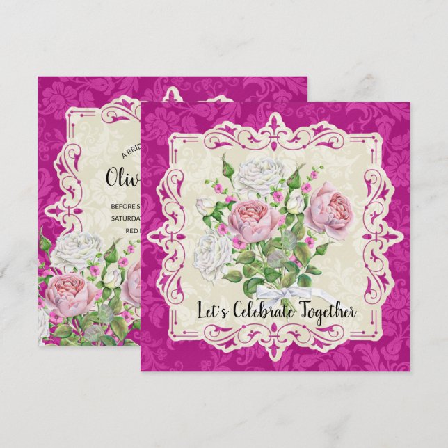 Invitation Élégante Fête des mariées Rose et pivoine (Devant / Derrière)