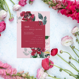 Invitation Élégante Fête des mariées rose et rouge florale