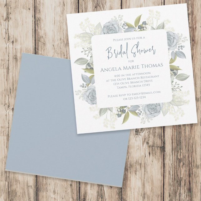 Invitation Elégante Fête des mariées Rose Floral Dusty Blue (Créateur téléchargé)