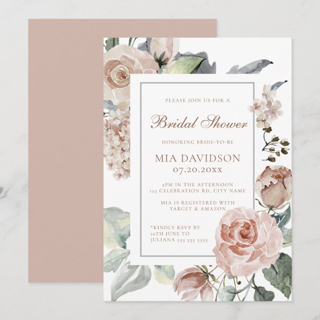 Invitation Élégante Fête des mariées rose florale Dusty (Devant / Derrière)