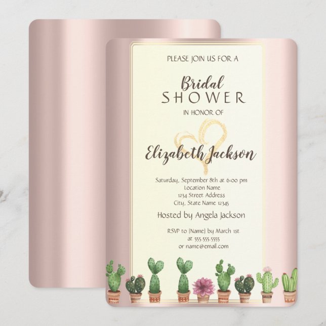 Invitation Élégante Fête des mariées Rose Gold Cactus (Devant / Derrière)