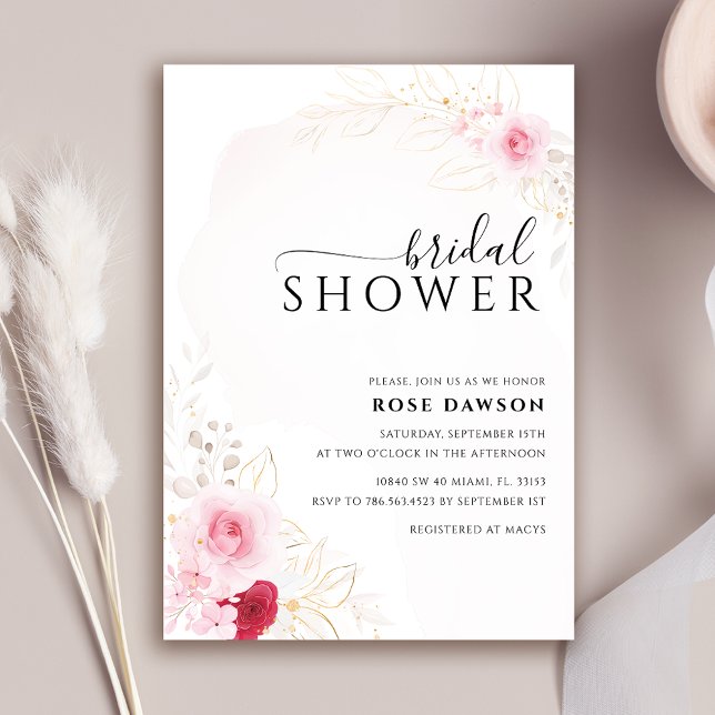 Invitation Élégante Fête des mariées rose rouge et or florale (Créateur téléchargé)