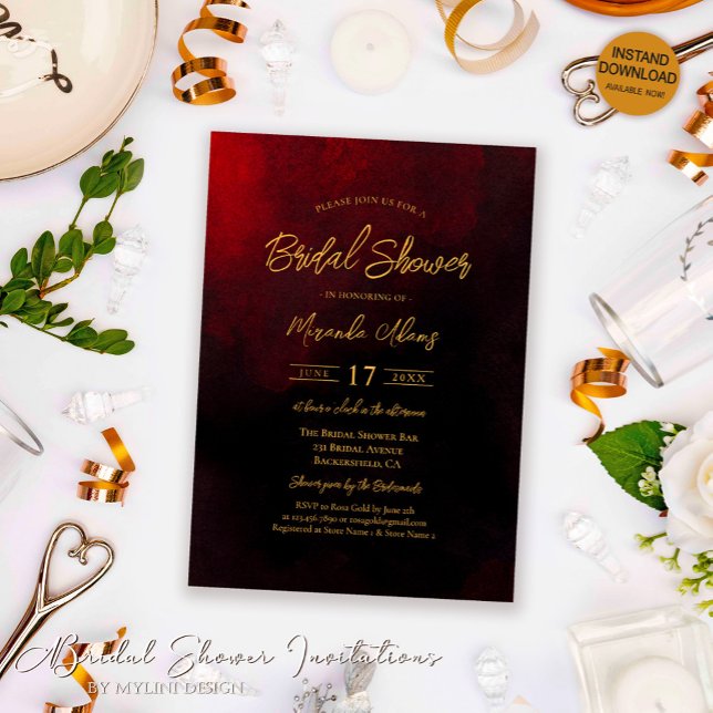Invitation Elégante Fête des mariées rouge or et noire (Créateur téléchargé)