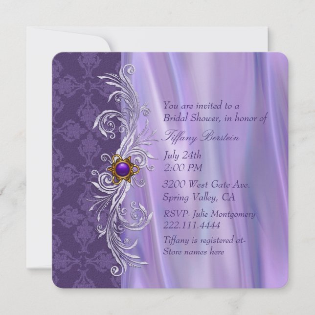 Invitation Élégante Fête des mariées violet satin et damas (Devant)