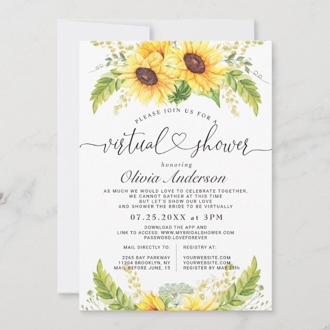Invitation Elégante Fête des mariées virtuelle de tournesol E (Devant)