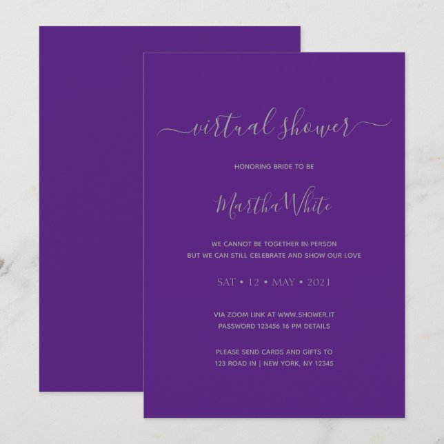 Invitation Élégante Fête des mariées virtuelle simple violet  (Devant / Derrière)