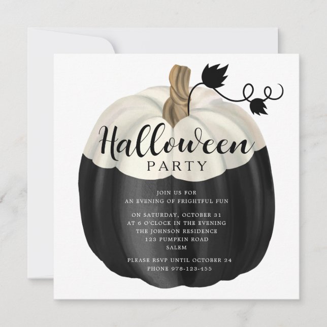 Invitation Élégante fête d'Halloween Citrouille noire et blan (Devant)