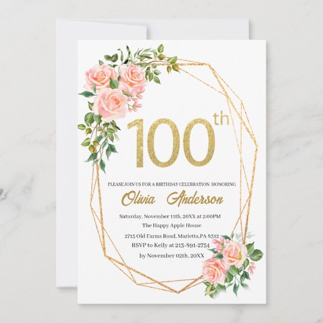 Invitation Elégante fête du 100e anniversaire Aquarelle Gli (Devant)