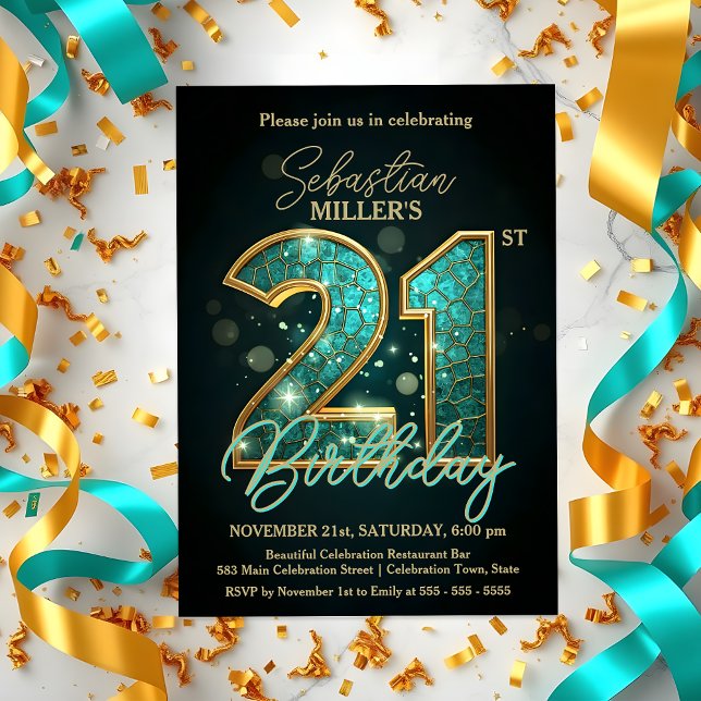 Invitation Élégante fête du 21e anniversaire Turquoise et Gol (Créateur téléchargé)