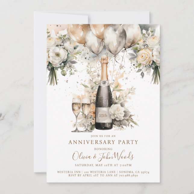 Invitation Élégante fête du 25e anniversaire Champagne Balloo (Devant)