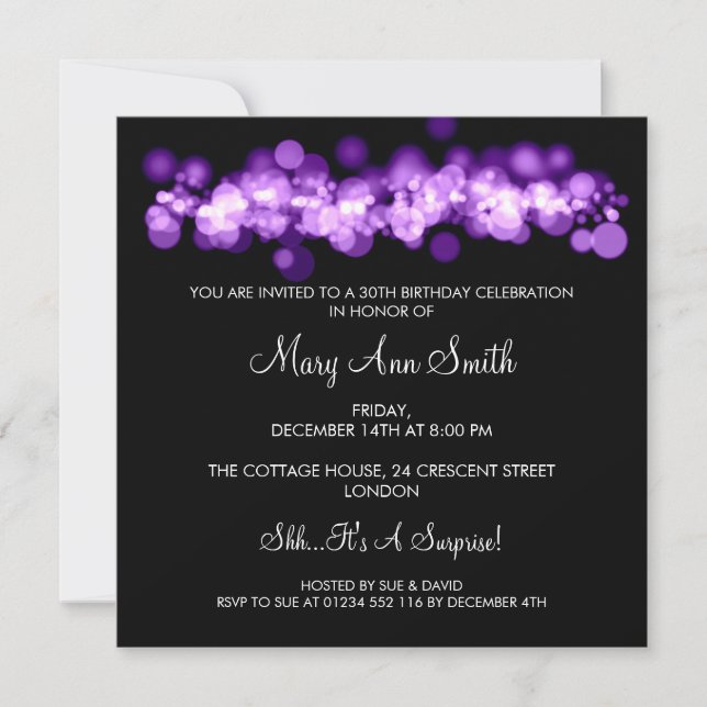 Invitation Élégante fête du 30e anniversaire Purple Bokeh lum (Devant)